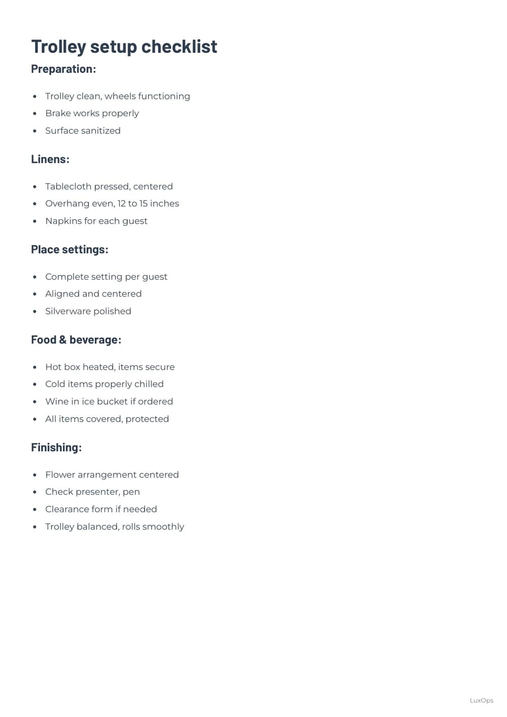 Food and Beverage Playbook room service trolley checklist