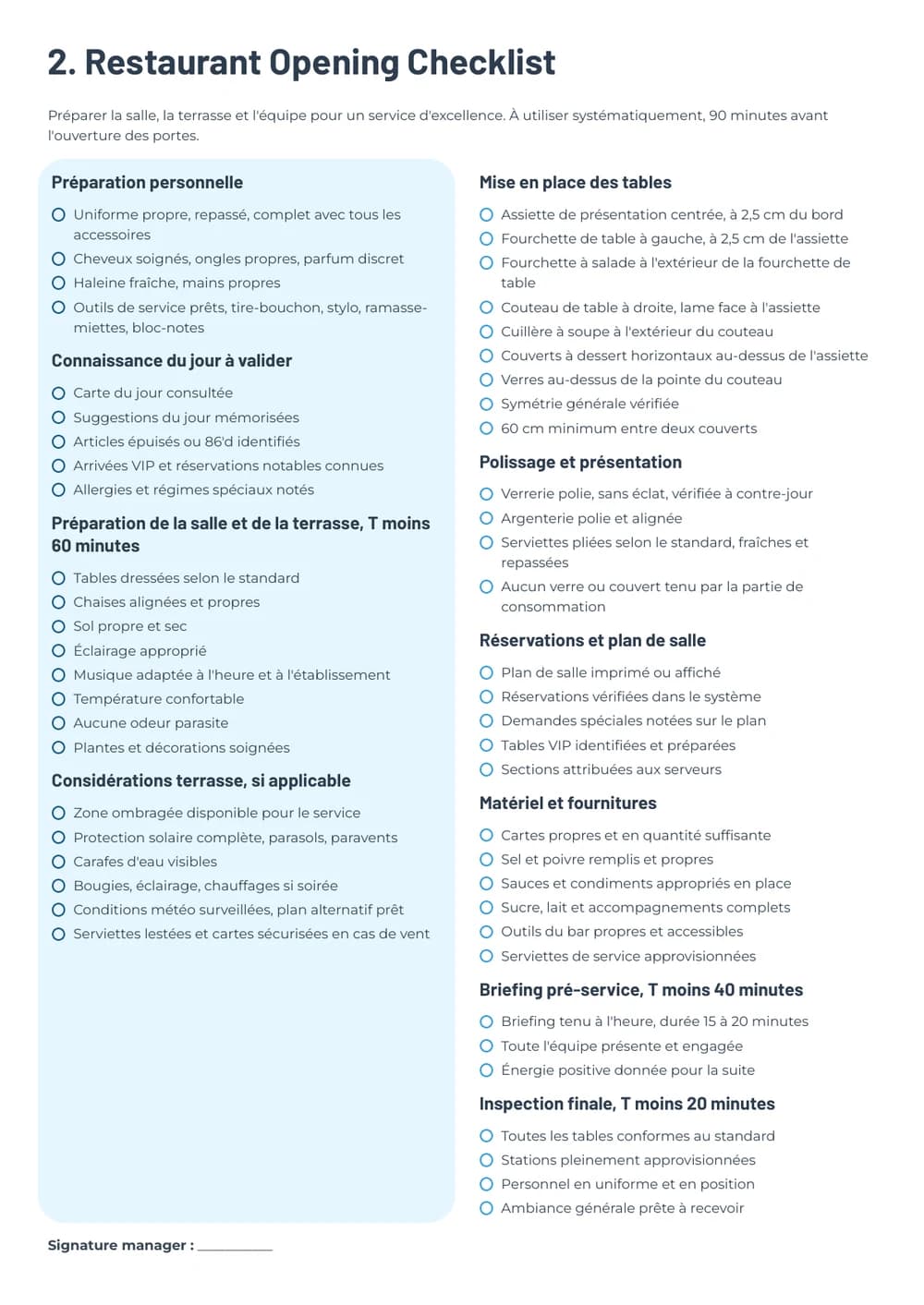 Checklist ouverture restaurant du Starter Pack F&B