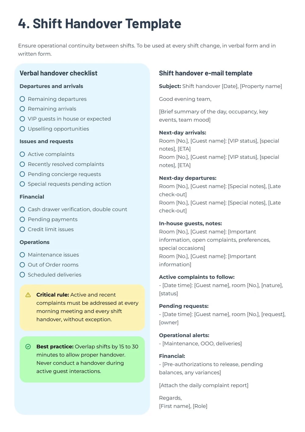 Front Office Starter Pack shift handover template