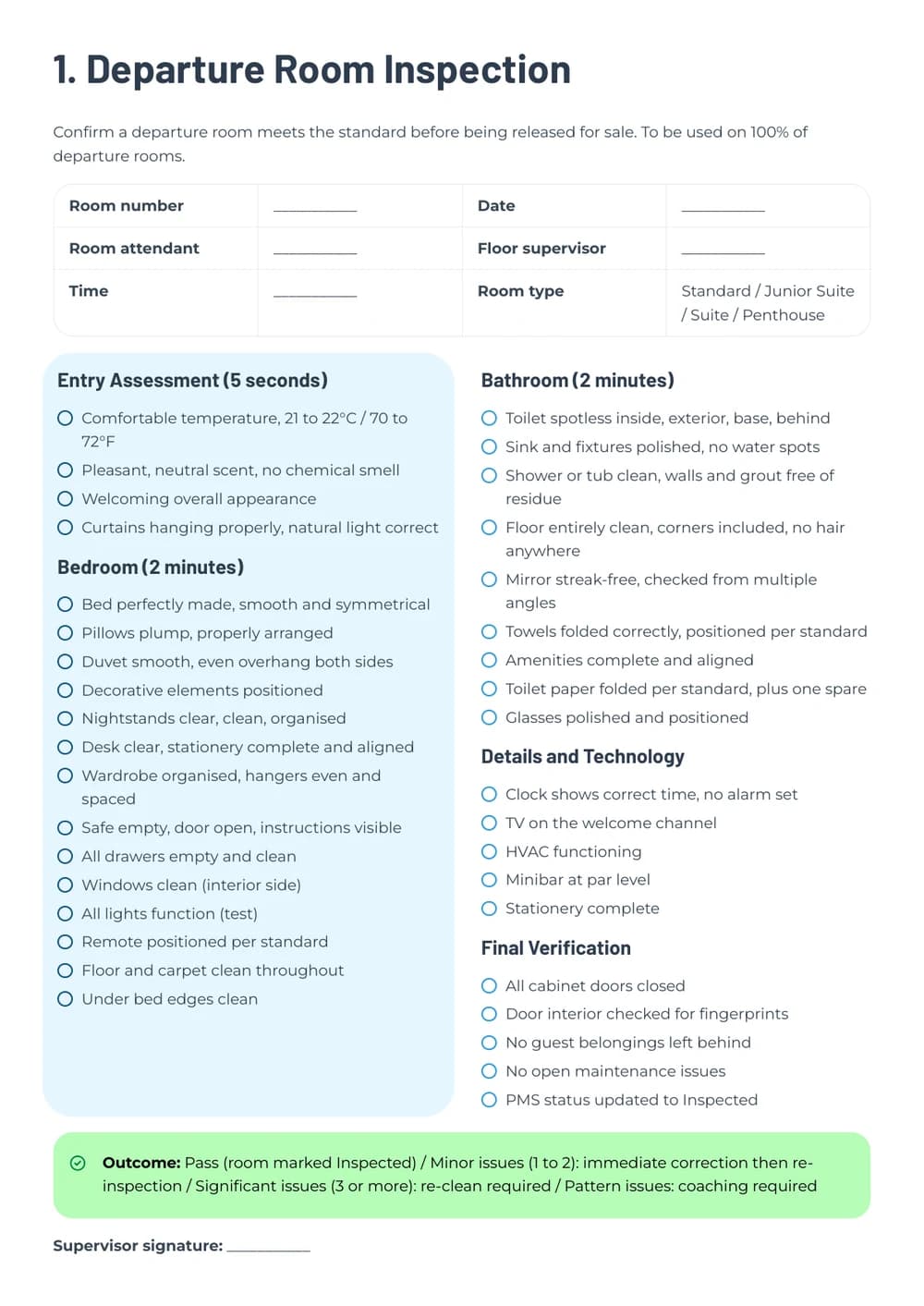 Housekeeping Inspection Kit departure room checklist
