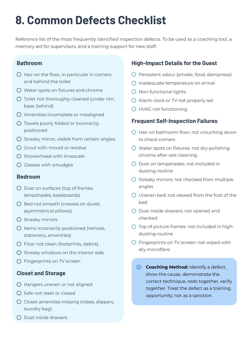 Housekeeping Inspection Kit common defects checklist