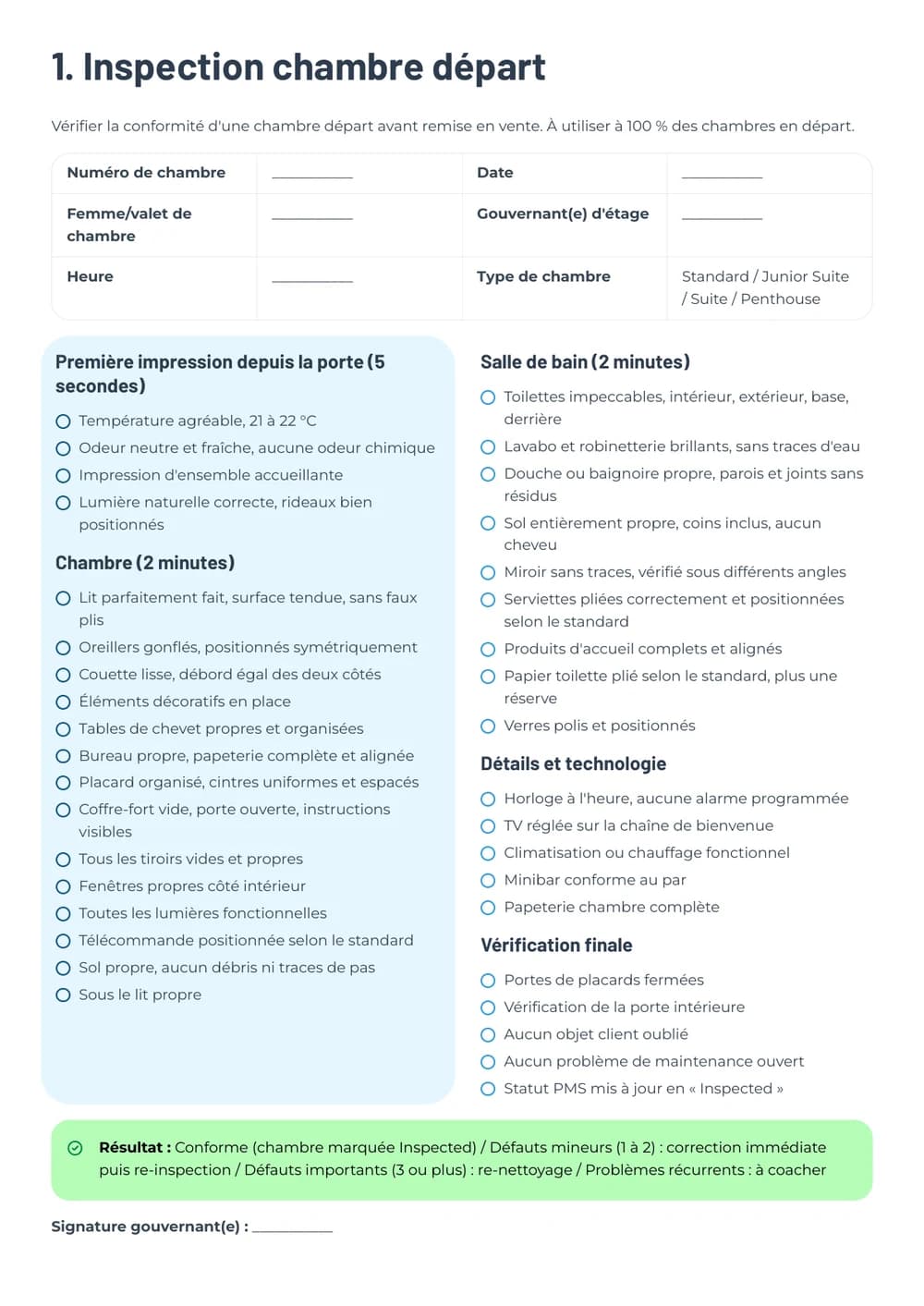 Checklist inspection chambre départ du Kit Housekeeping
