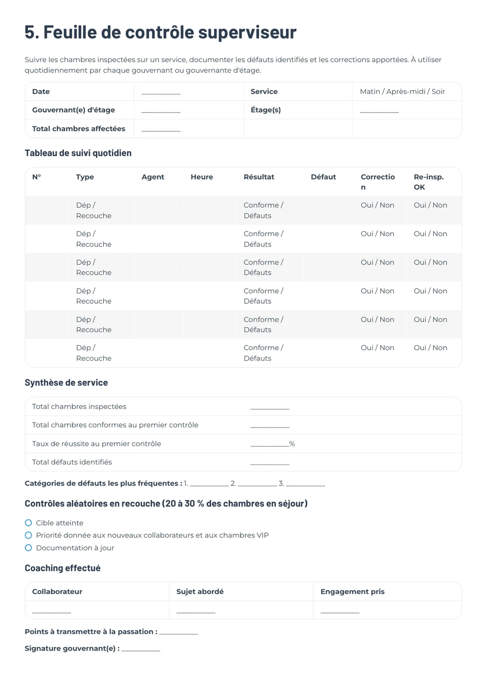 Feuille de contrôle superviseur du Kit Housekeeping