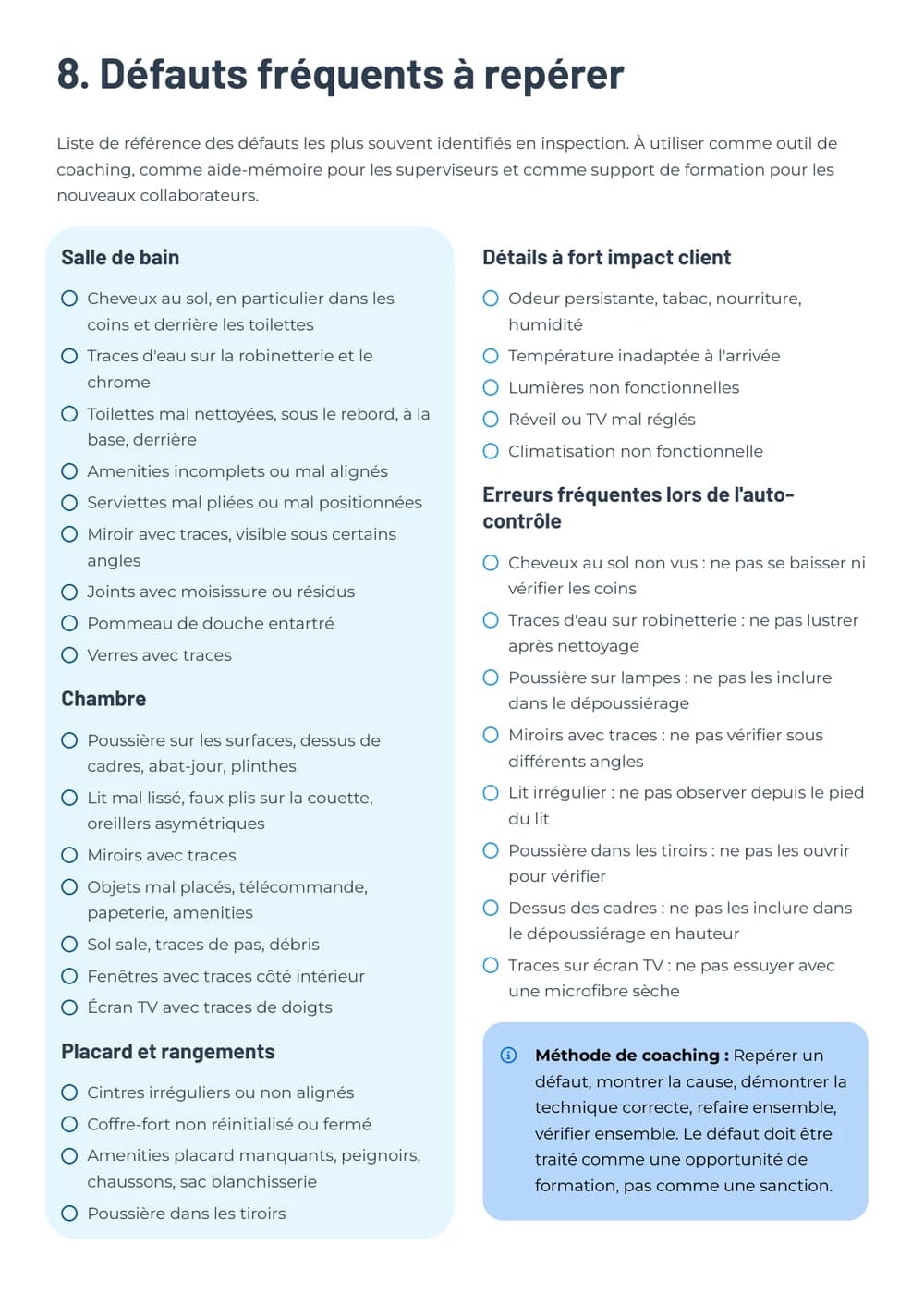 Checklist des défauts fréquents du Kit Housekeeping