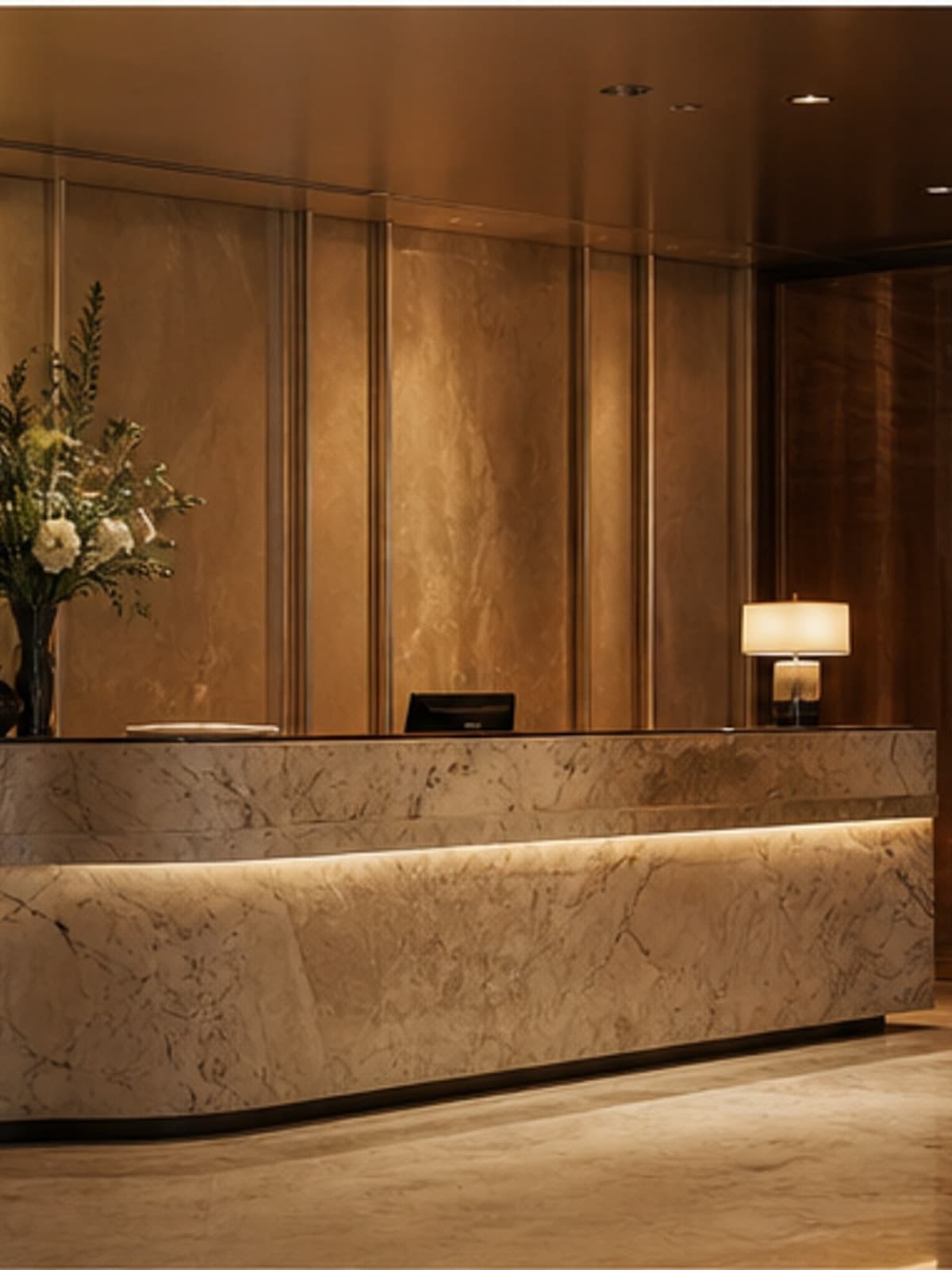 Luxury hotel front desk prepared for guest arrivals.