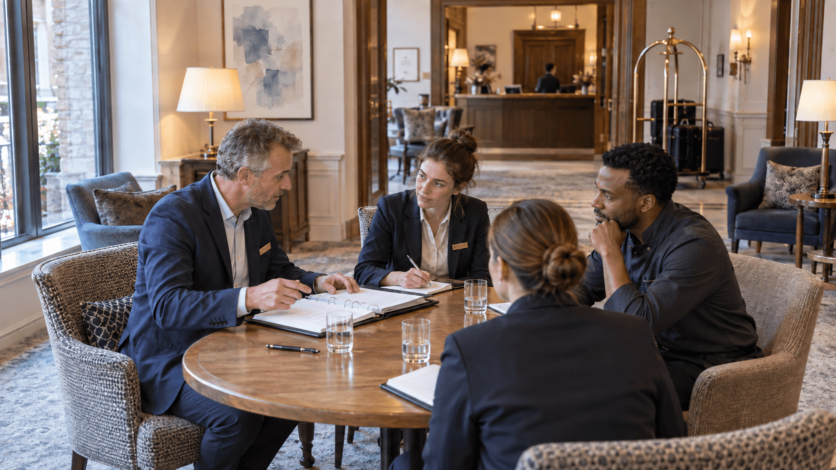 Hotel team gathered around a table during an operational training session.